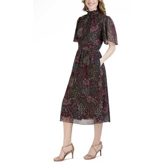 Julia Jordan Dark Floral Dress 4 Flutter Sleeve A-Line Romantic Cottagecore Midi - Picture 4 of 16